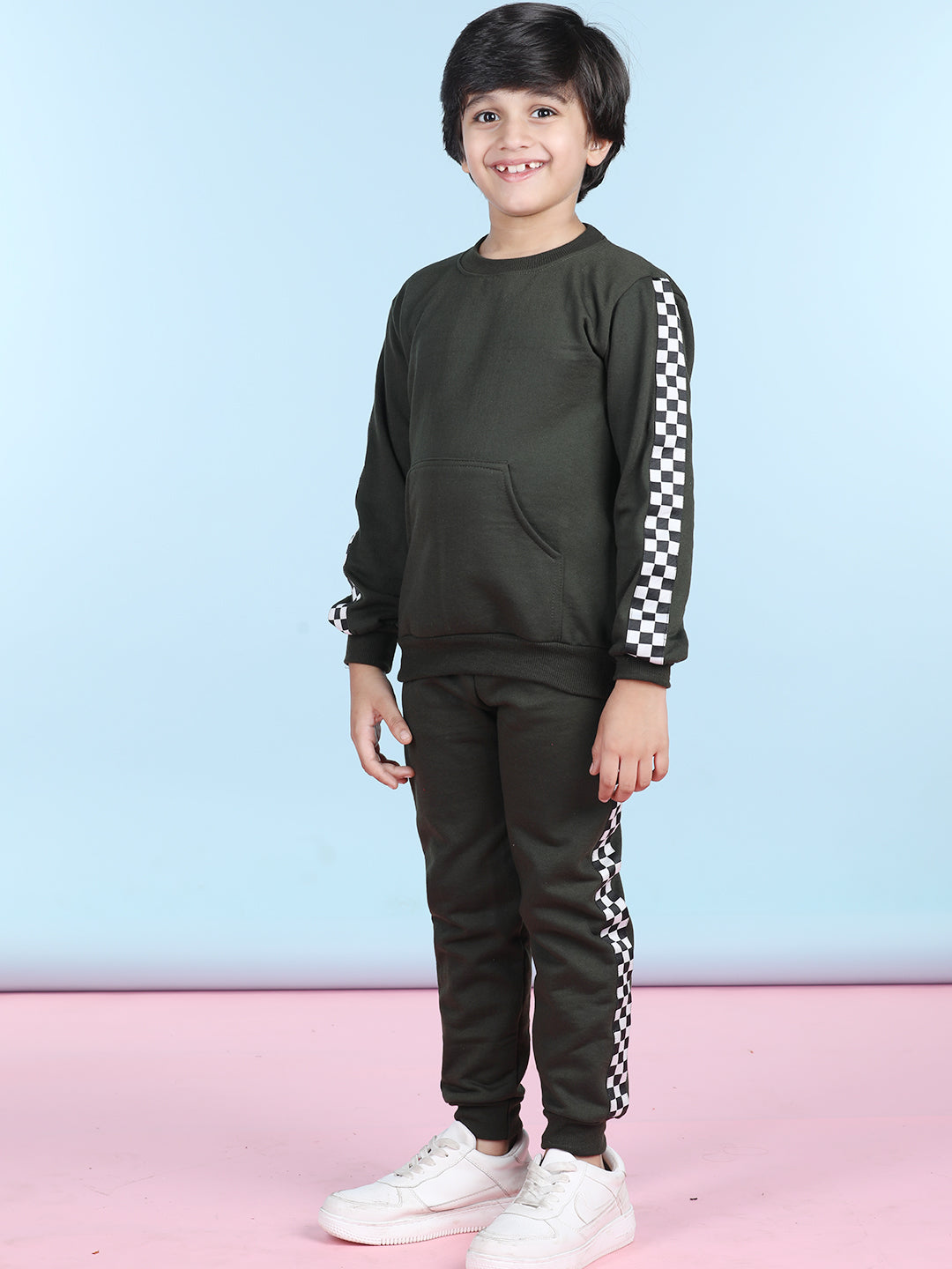 Cutiekins Boys Mehendi Green & White Sweatshirt With Trackpant