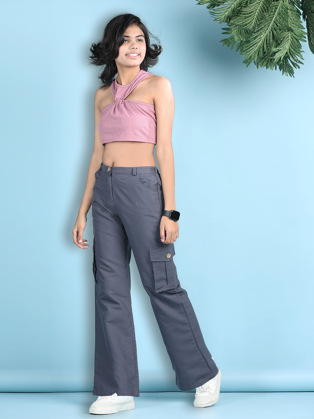 Cutiekins Girls Solid Embellished Top with Solid Cargo -Onioin Pink & Charcoal
