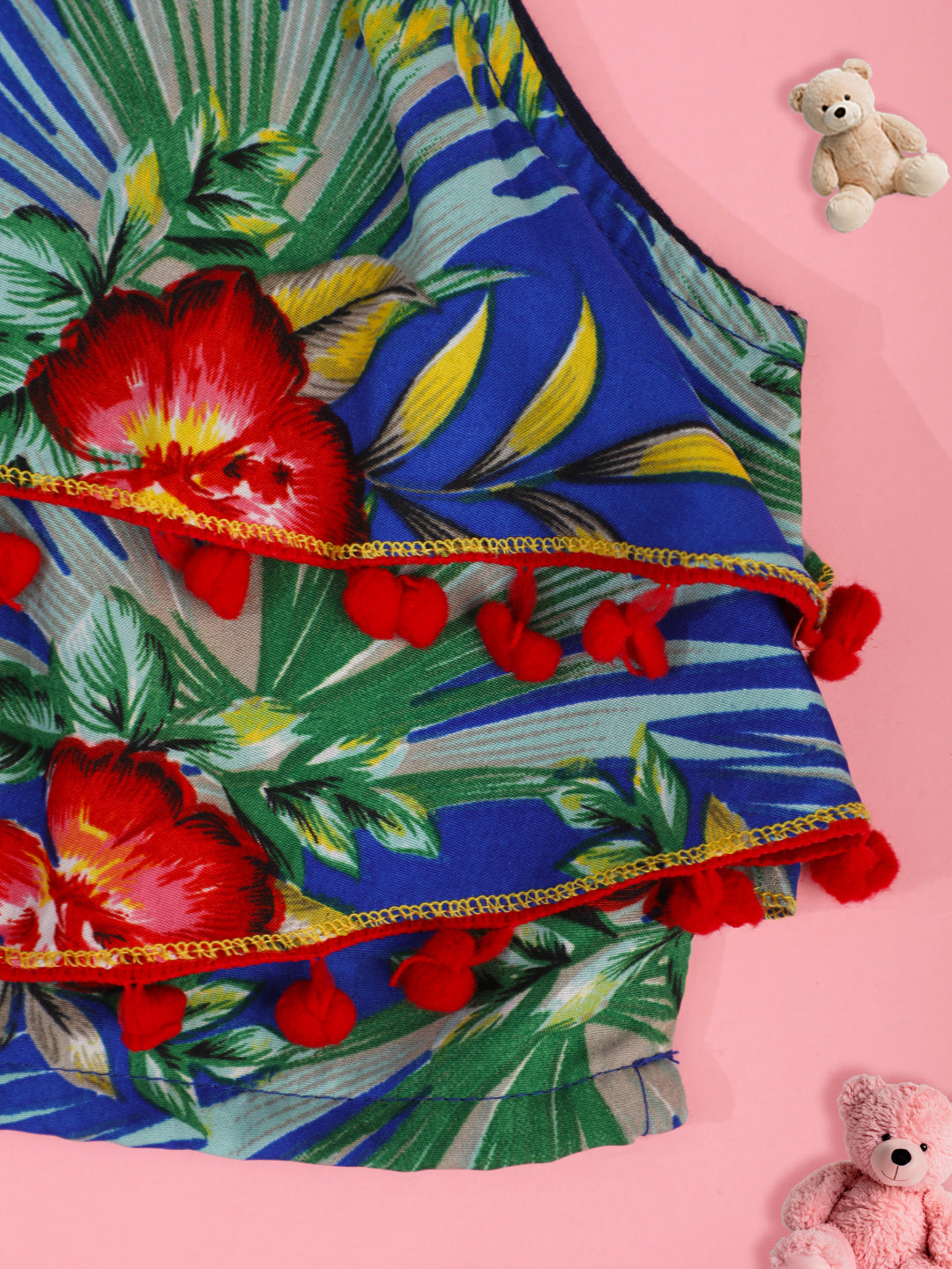 Cutiekins Girls Floral Print Embellished Top -Blue & Red