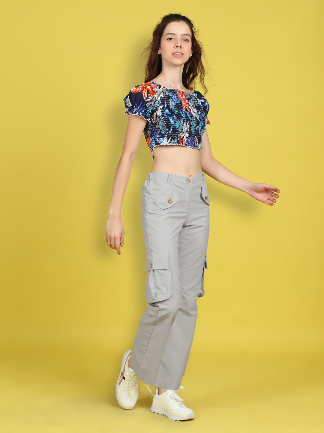 Cutiekins Girls Trendy Bold Look Crop Top With Solid Cargo -Navy Blue & Beige