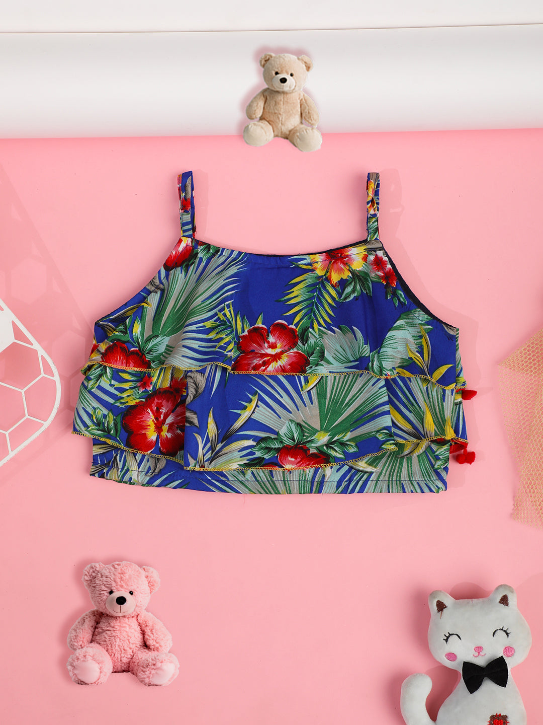 Cutiekins Girls Floral Print Embellished Top -Blue & Red