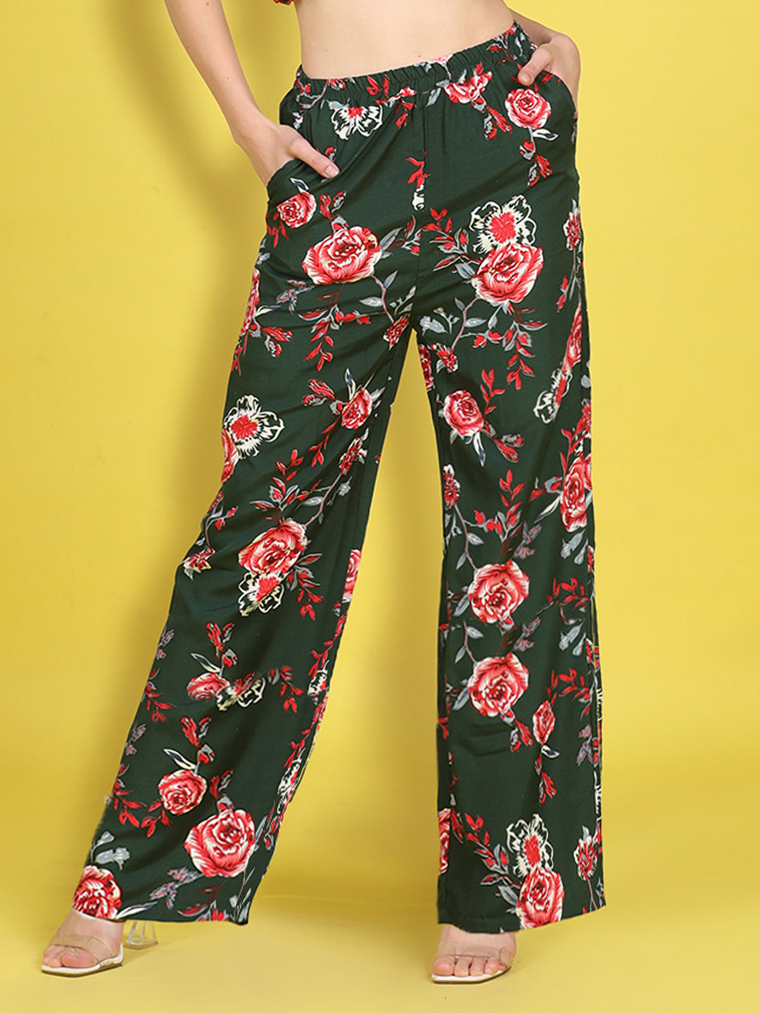 Cutiekins Girls Trendy Bold Style Printed Palazzo -Dark Green & Red