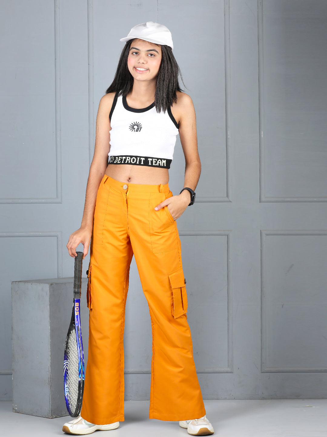 Cutiekins Girls Solid Polycotton Casual Cargo Pant -Orange