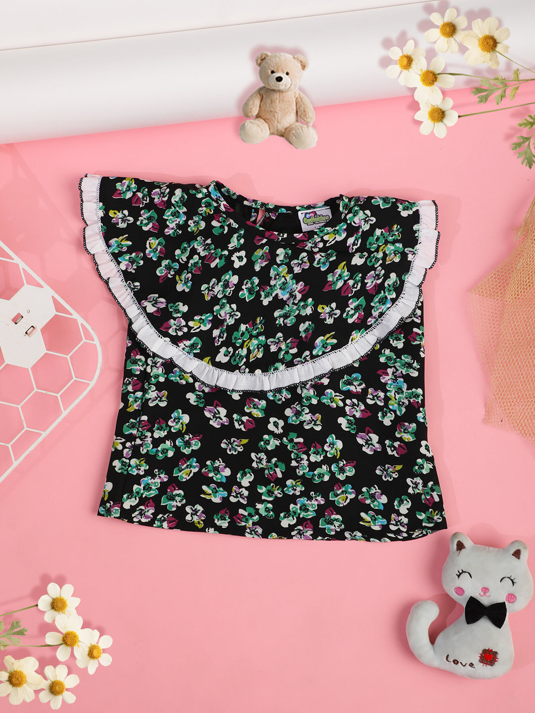 Cutiekins Girls Floral Printed Embellished Crop Top -Black & Off White