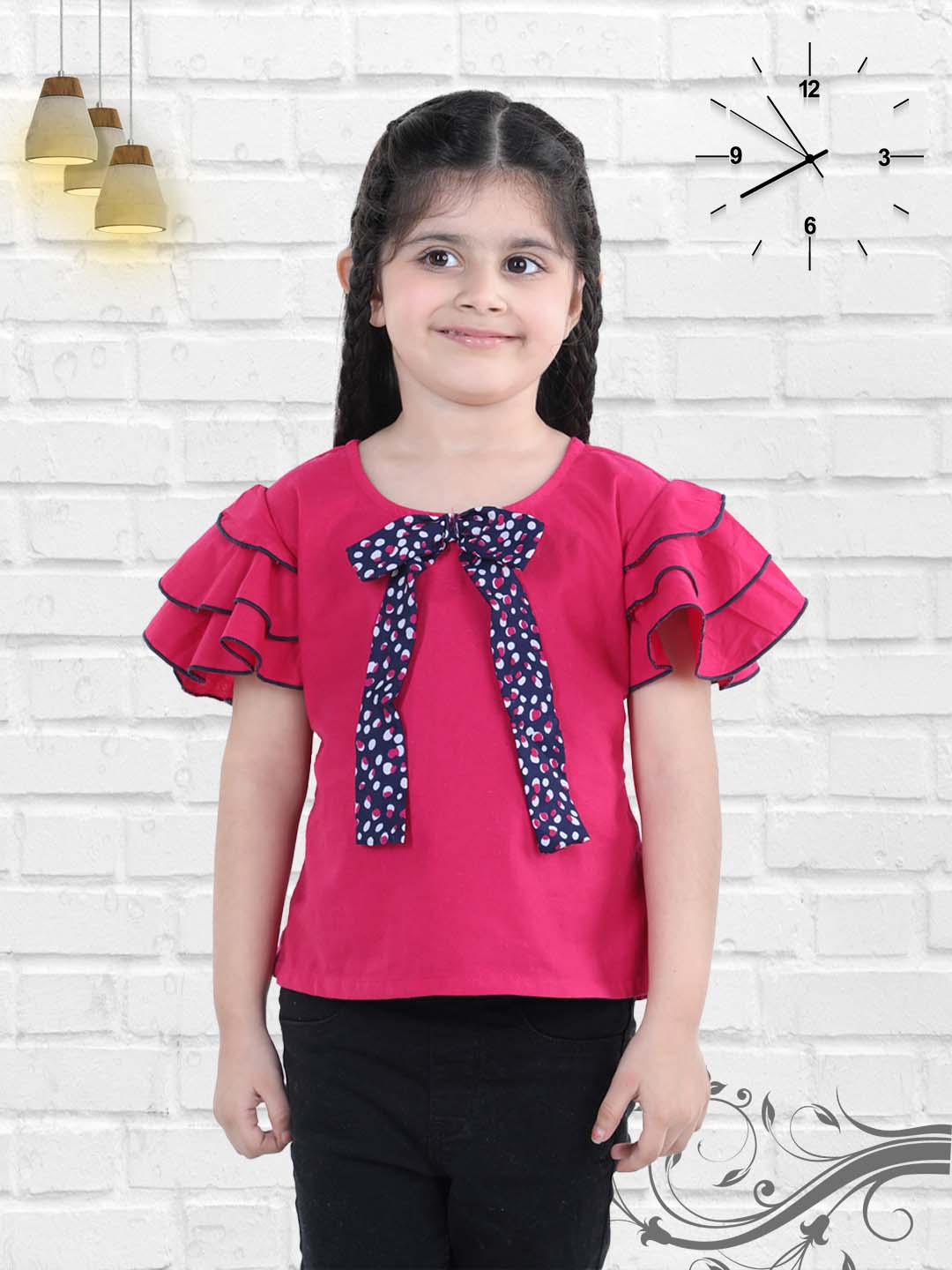 Cutiekins Bow Tie Style Polka Print Summer Top For Girls - Magenta Pink & Navy Blue
