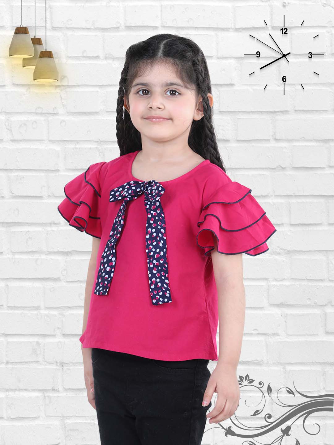 Cutiekins Bow Tie Style Polka Print Summer Top For Girls - Magenta Pink & Navy Blue
