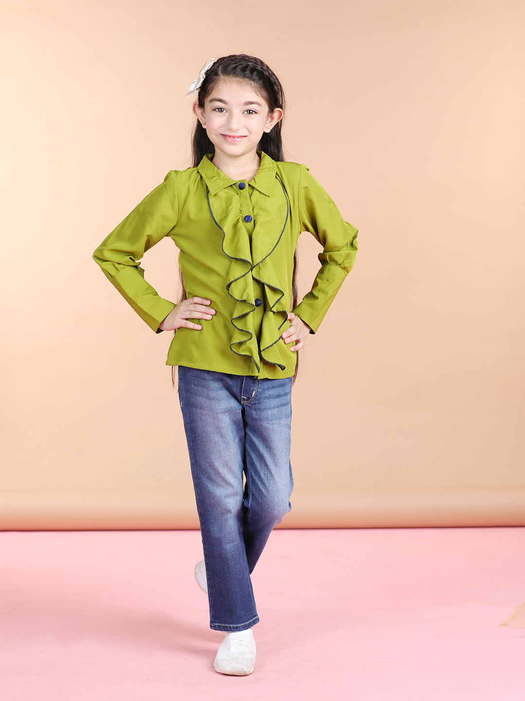 Cutiekins Polyester Front Frill Full Sleeves Top -Green & Black