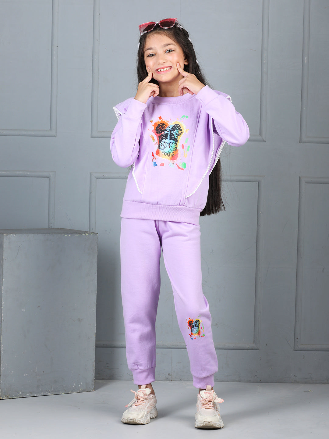 Cutiekins Girls Graphic Print and Embellished Cozy Tracksuit -Violet & Multi