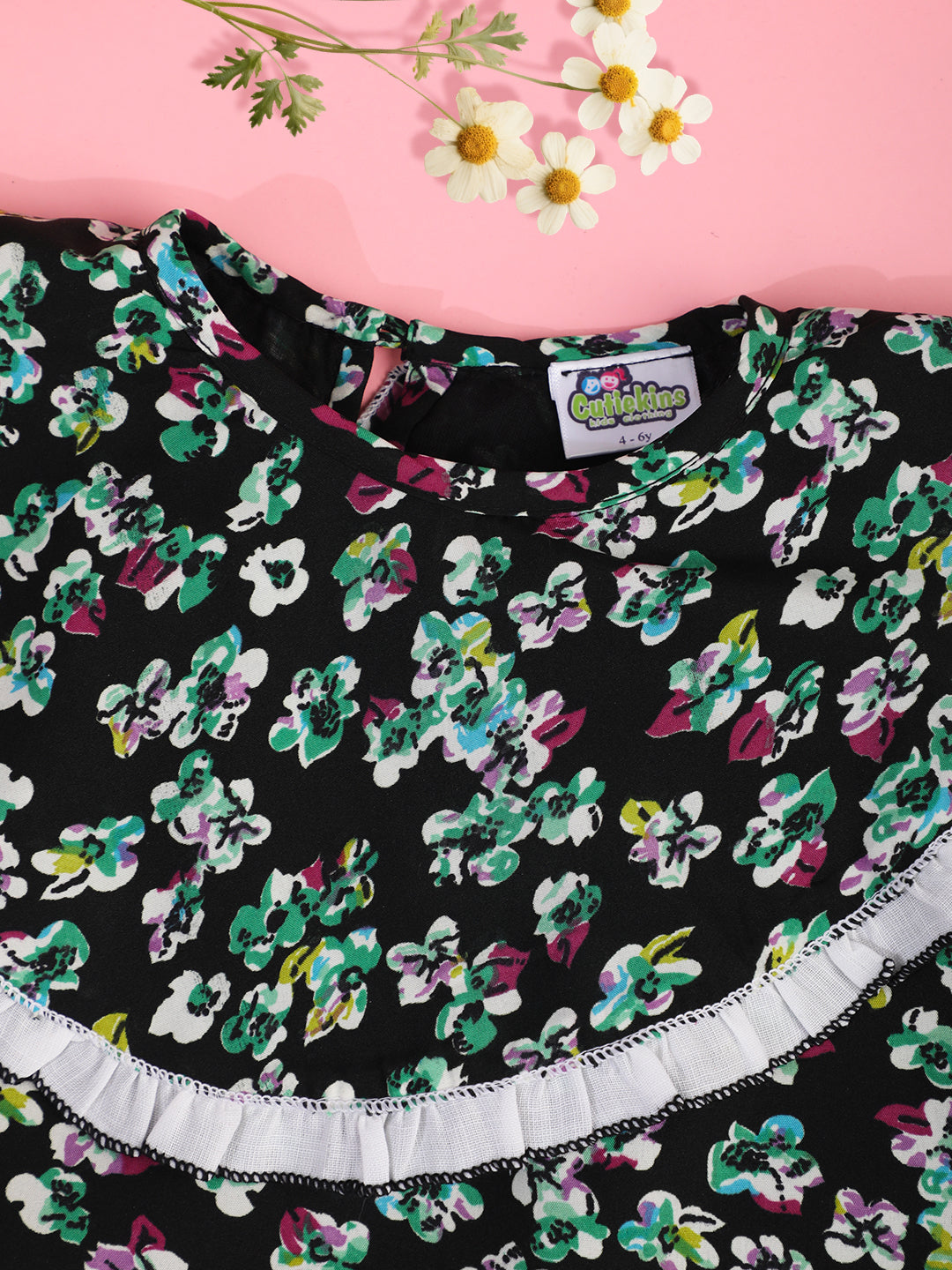 Cutiekins Girls Floral Printed Embellished Crop Top -Black & Off White