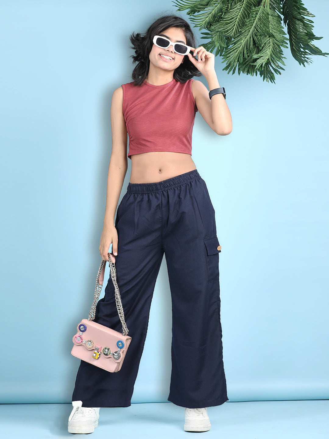 Cutiekins Girls Solid Embellished Top with Solid Cargo -Dark Red & Navy Blue