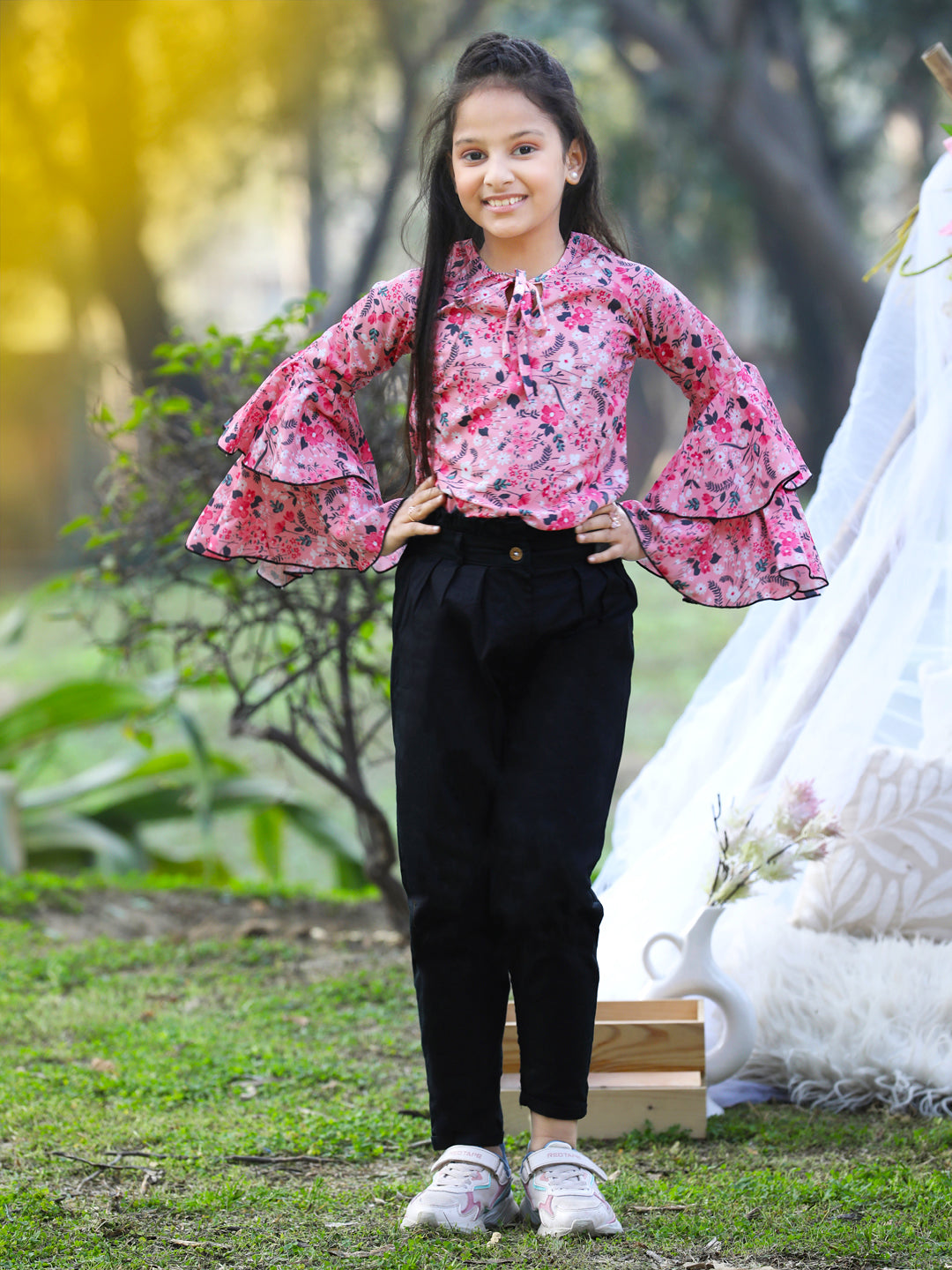 Cutiekins Front Knot Round Neck Foral Printed Regular Top & Trousers Set -Pink & Black