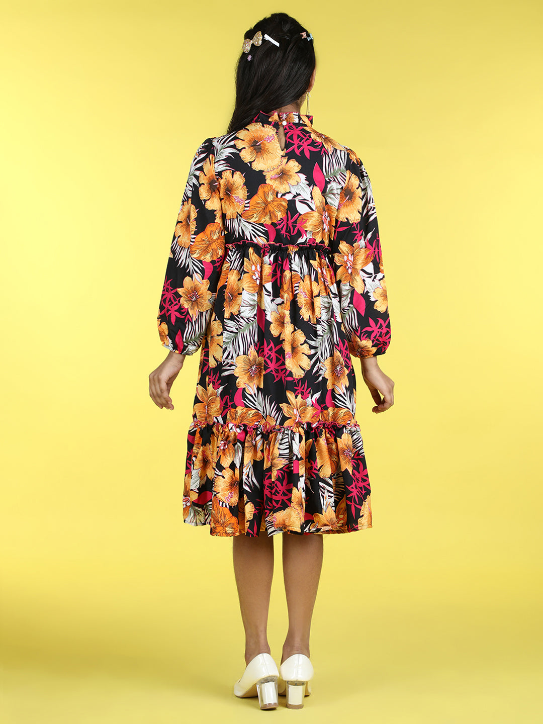 Cutiekins Mandarin Collar Printed Flared Dress-Mustard & Black