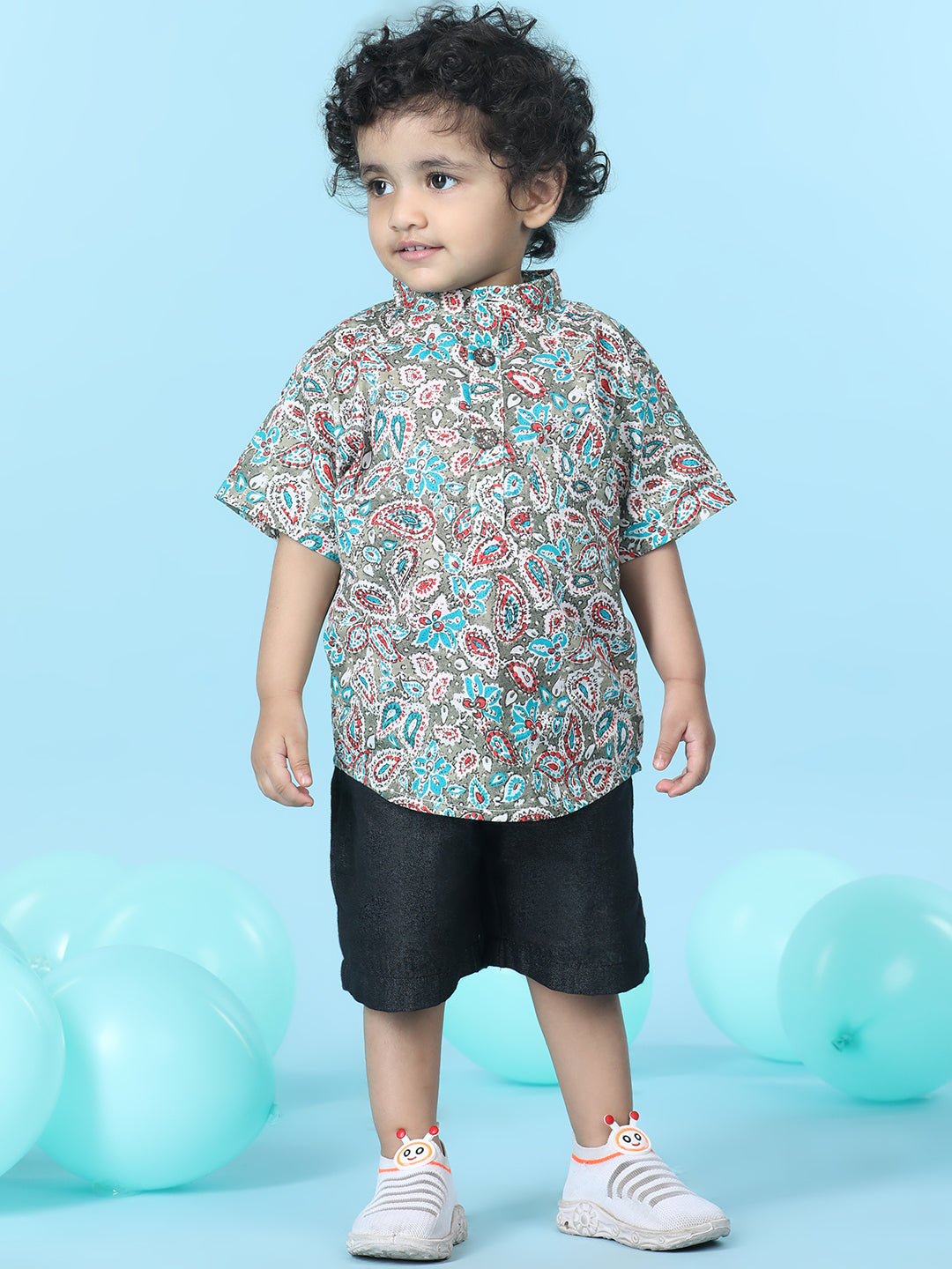 Cutiekins Boys Printed T-Shirt With Solid Denim Short -Multi & Black