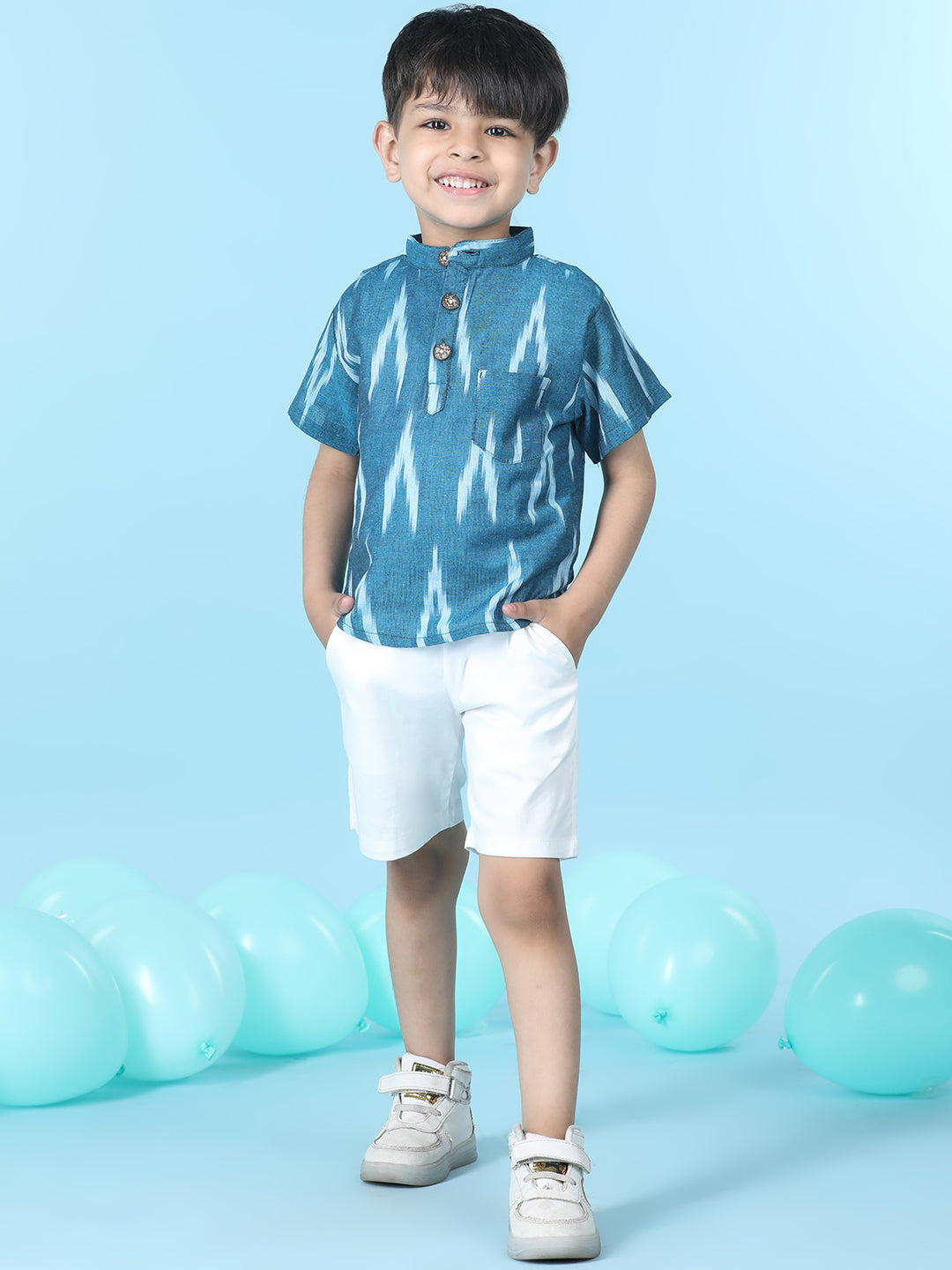 Cutiekins Boys Abstract Print T-Shirt With Solid Lycra Short -Ocean Blue & White