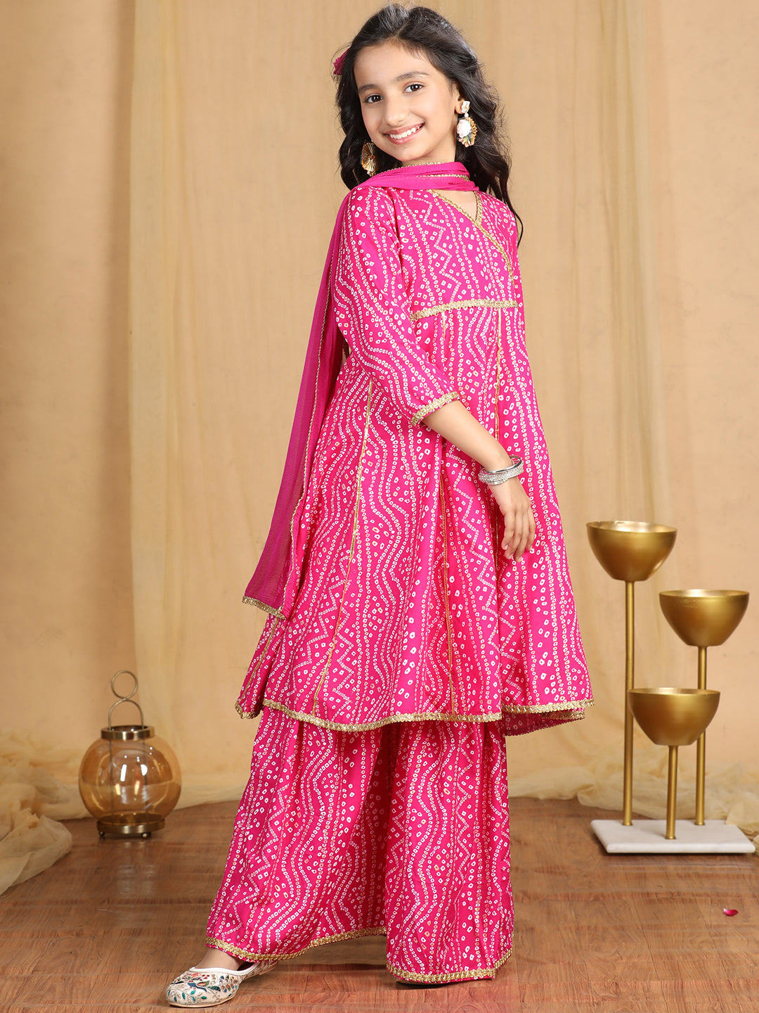 Cutiekins Girls Bandhani Print Angrakha Kurta and Sharara with Dupatta -Magenta & Off White