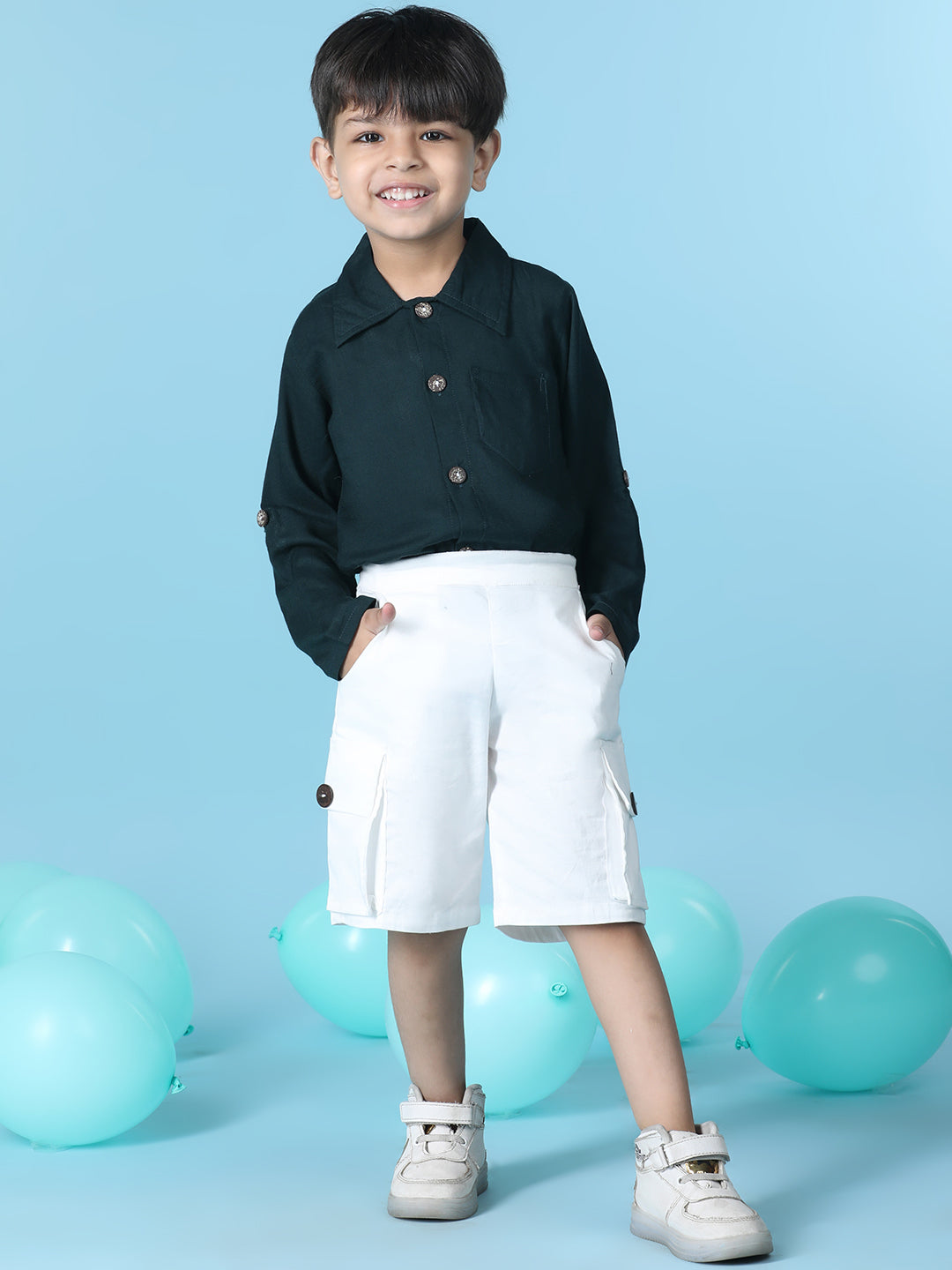 Cutiekins Boys Solid Shirt With Solid Lycra Cargo Short -Deep Green & White