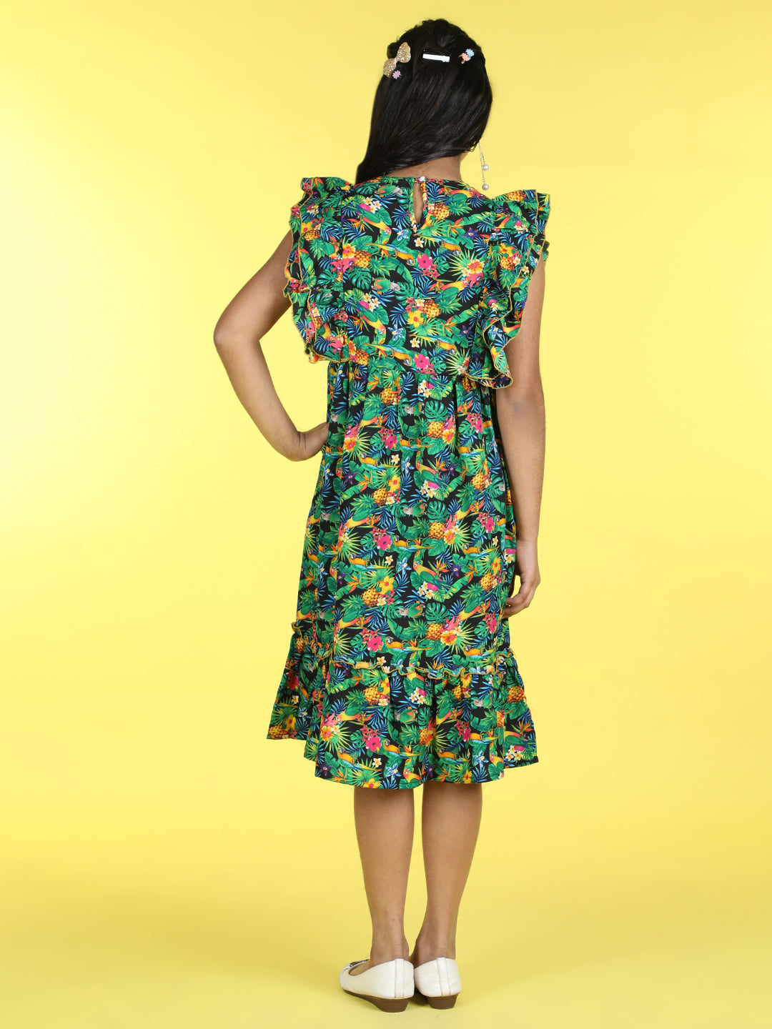 Cutiekins Round Neck Printed Flared Dress-Green & Yellow