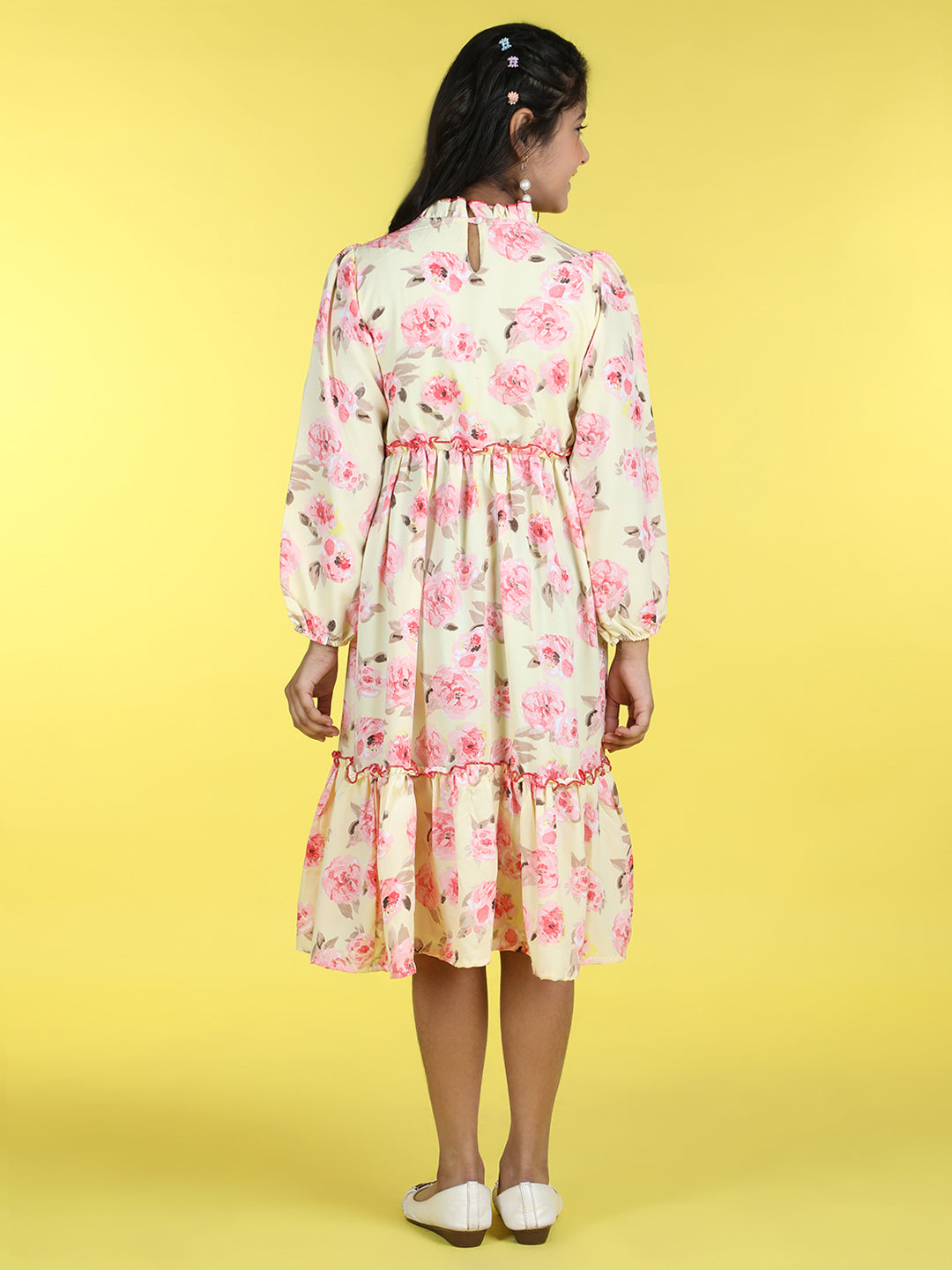Cutiekins Mandarin Collar Printed Flared Dress-Yellow & Pink