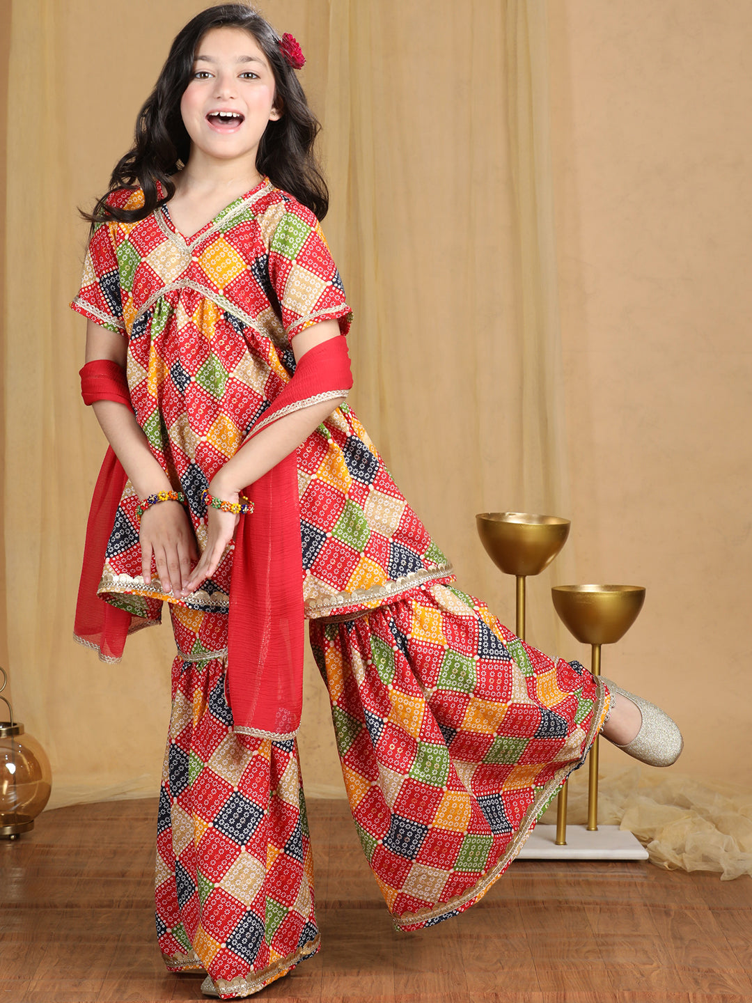 Cutiekins Girls Bandhani Print Empire Kurta and Sharara with Dupatta -Red & Multi