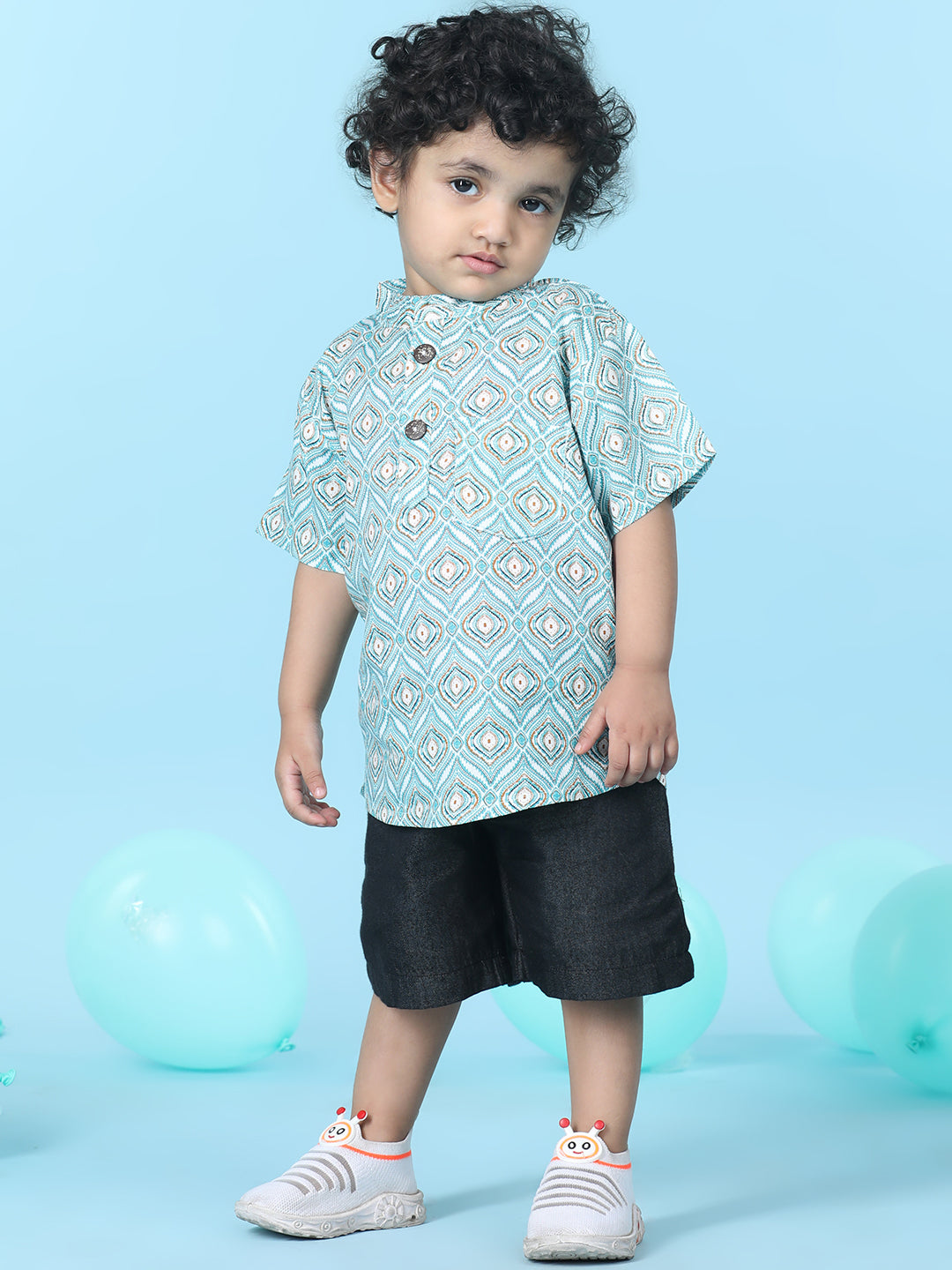 Cutiekins Boys Printed T-Shirt With Solid Denim Short -Turquoise Blue & Black