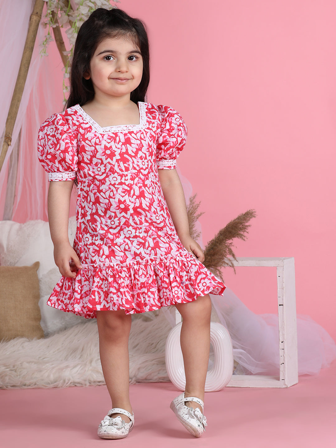 Cutiekins Square Neck Printed Flared Dress-Pink & White