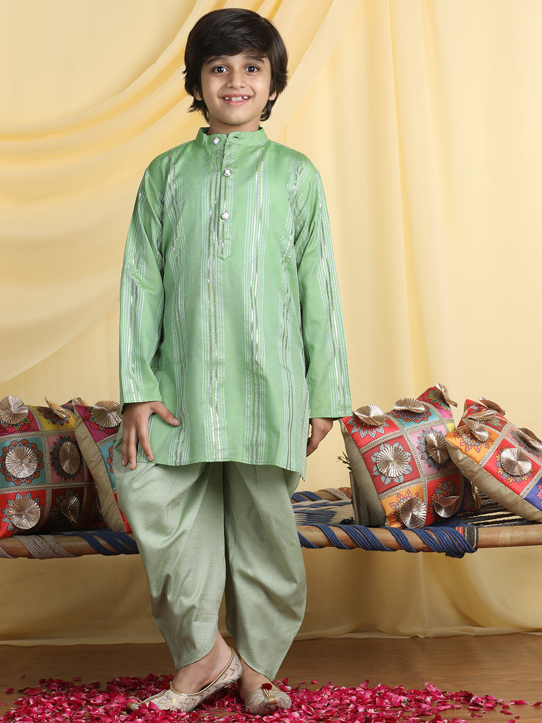 Cutiekins Boys Solid Mandarin Collar Kurta with Dhoti -Green & Silver