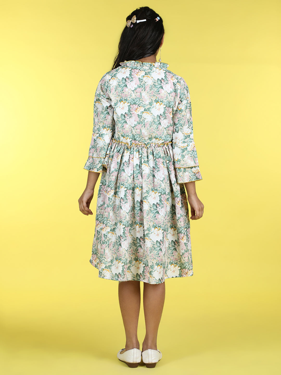 Cutiekins Mandarin Collar Printed Flared Dress-Light Green & Baige