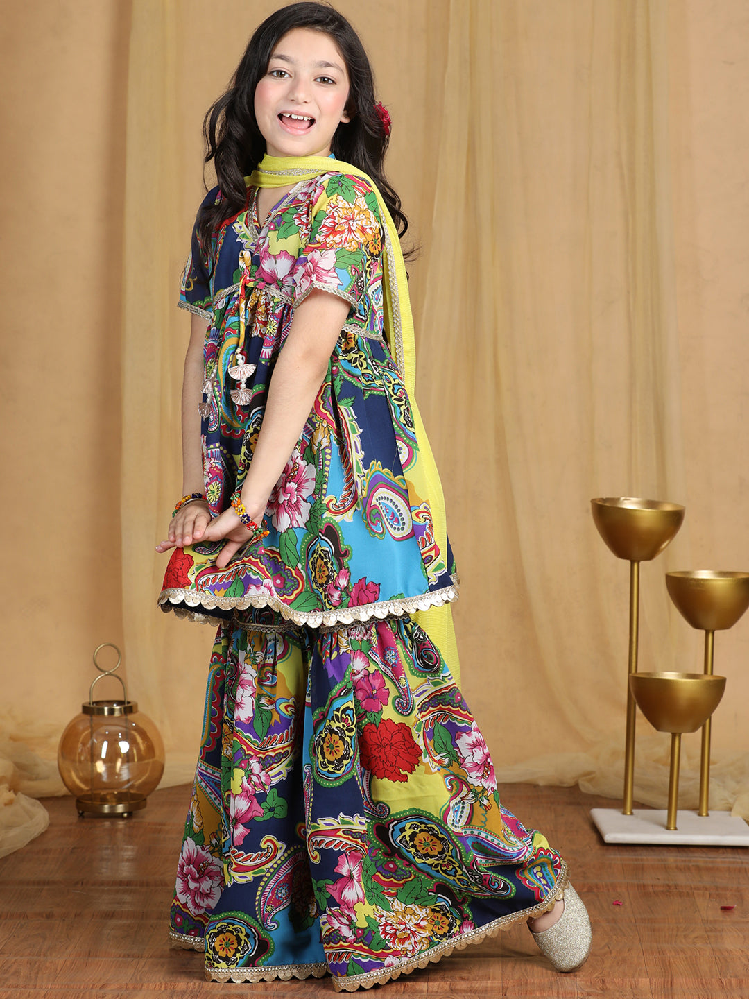 Cutiekins Girls Paisley Print Embroidered Kurta and Sharara with Dupatta -Navy Blue & Multi