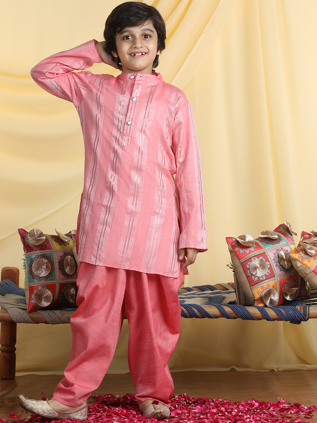 Cutiekins Boys Solid Mandarin Collar Kurta with Dhoti -Pink & Silver