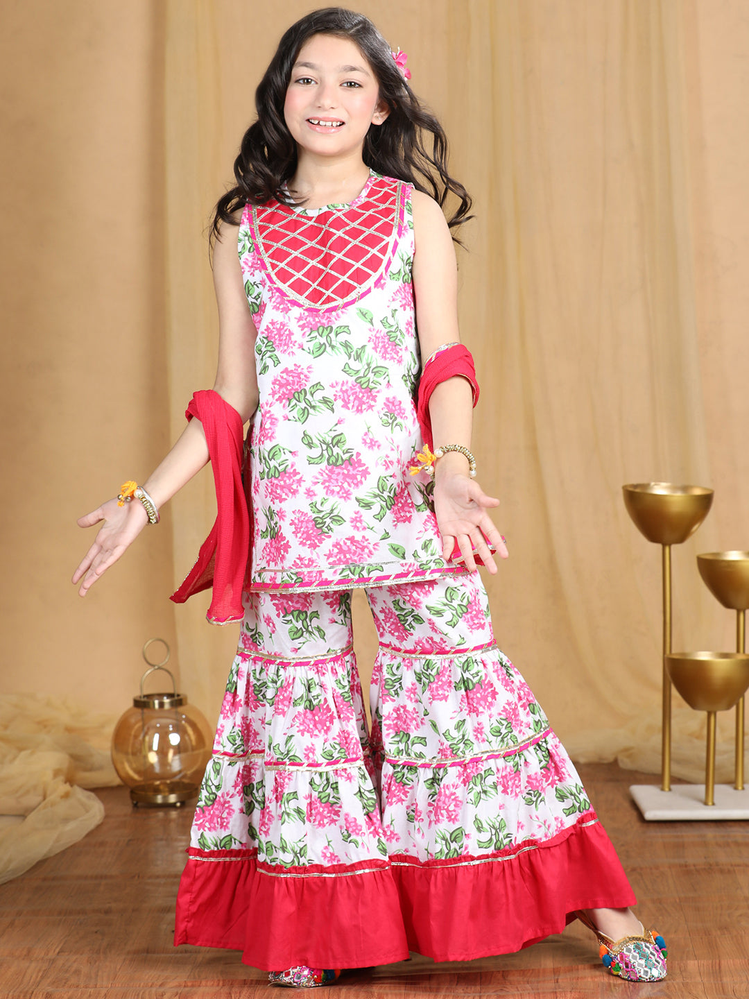 Cutiekins Girls Floral Print Empire Kurta and Sharara with Dupatta -White & Onion Pink