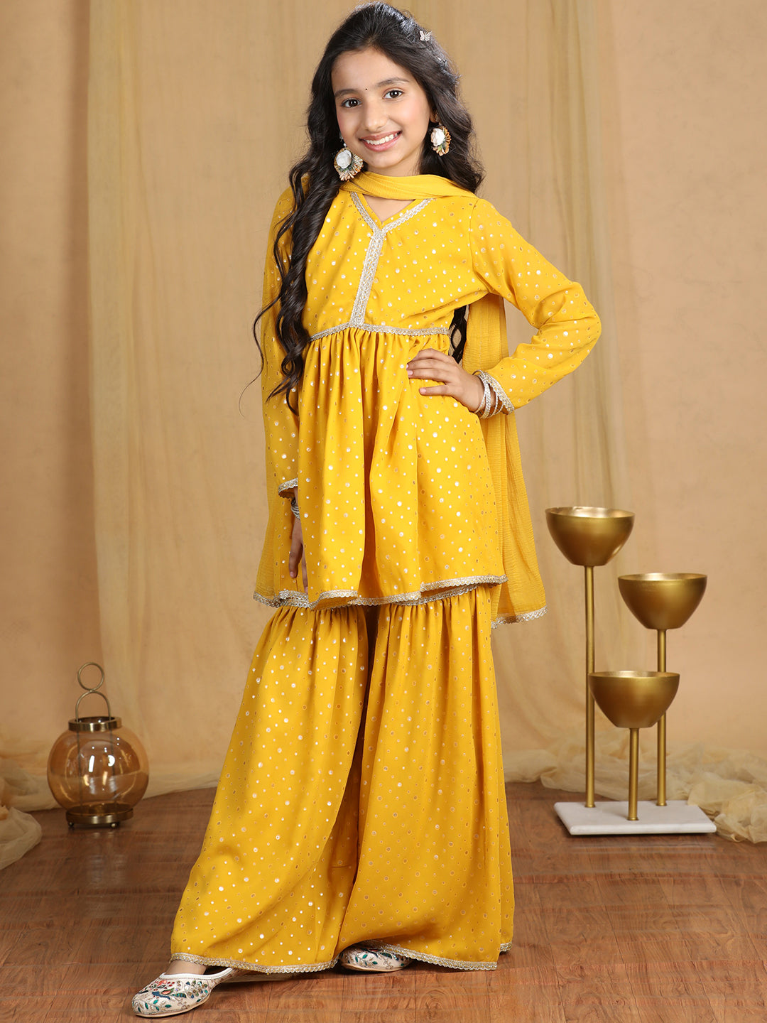 Cutiekins Girls Self Design Empire Kurta and Sharara with Dupatta -Mustard & Gold