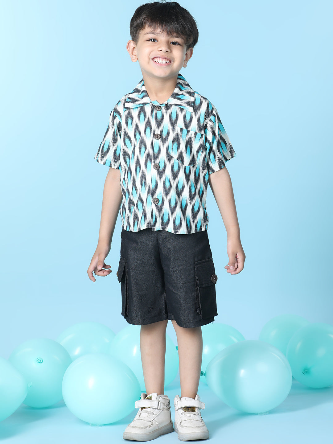 Cutiekins Boys Abstract Print Shirt With Solid Denim Cargo Short -Off White & Black