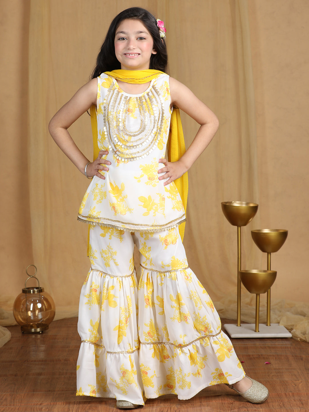 Cutiekins Girls Floral Print Sequined Kurta and Sharara with Dupatta -Off White & Gold