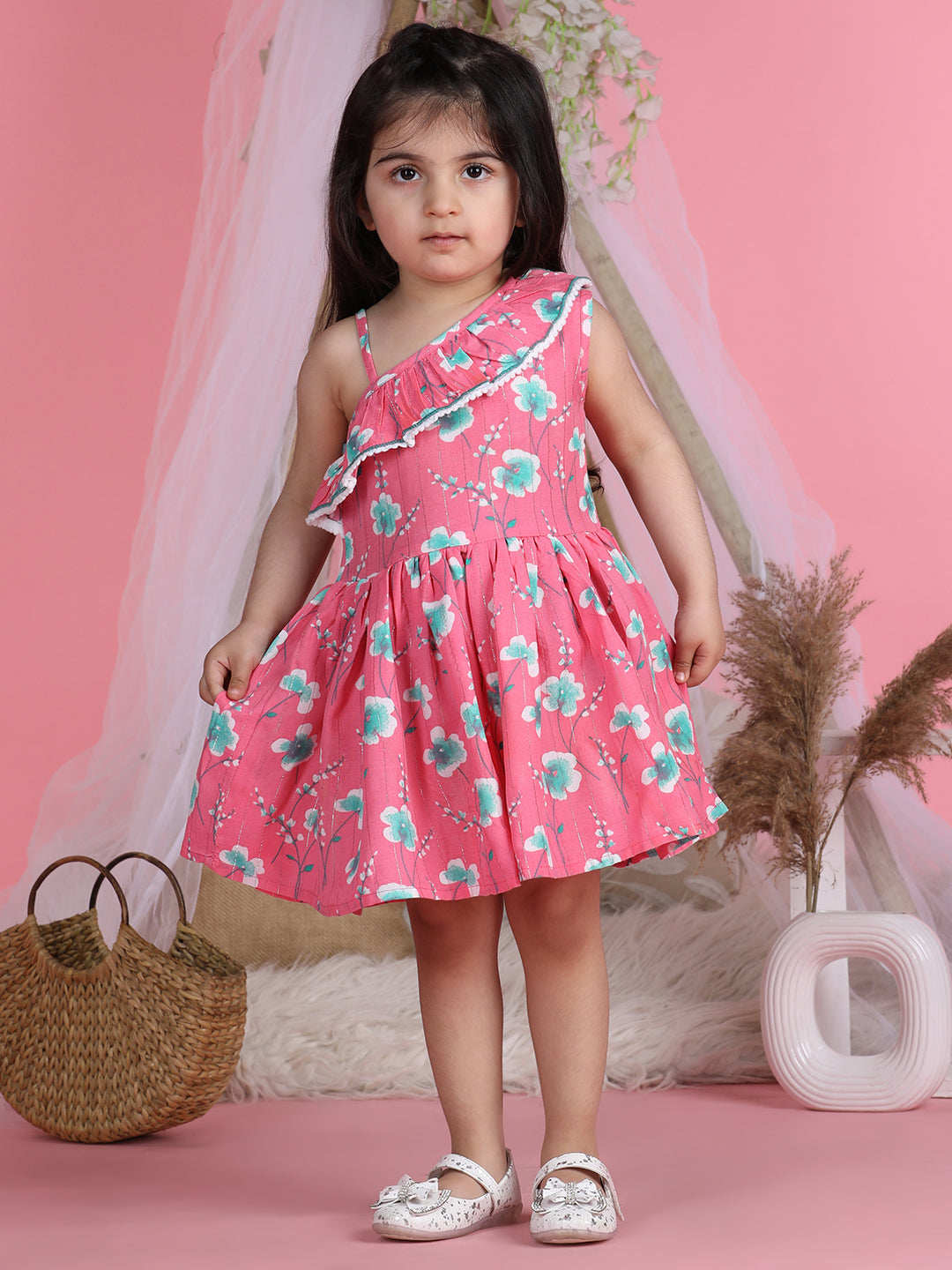 Cutiekins One Shoulder Printed Flared Dress-Pink & White