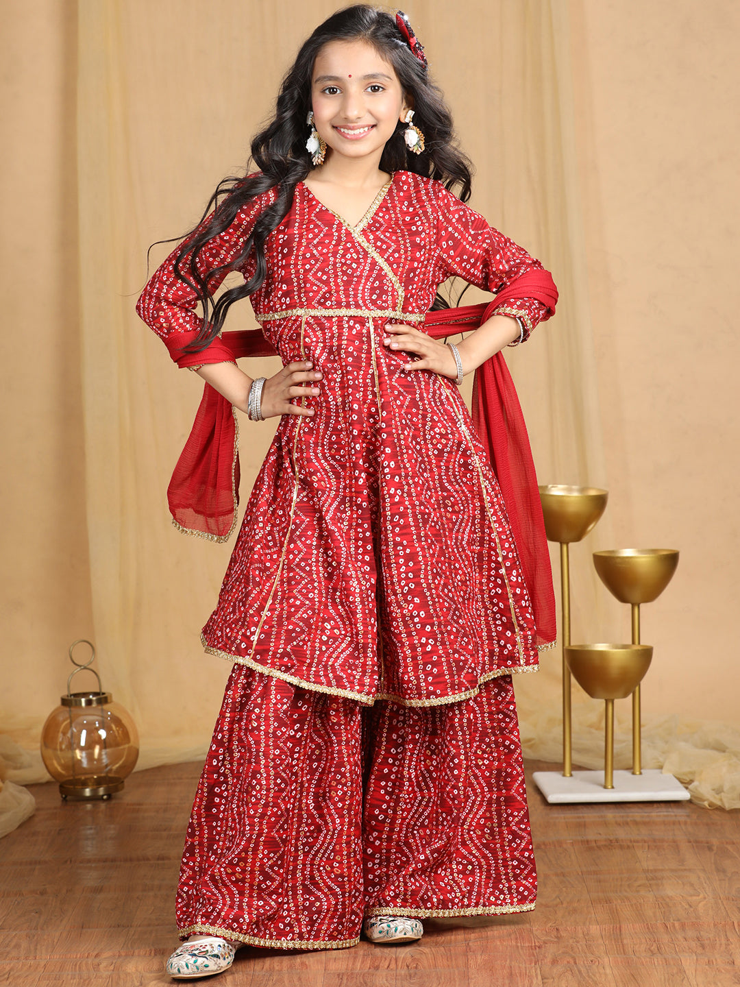 Cutiekins Girls Bandhani Print Angrakha Kurta and Sharara with Dupatta -Maroon & Off White