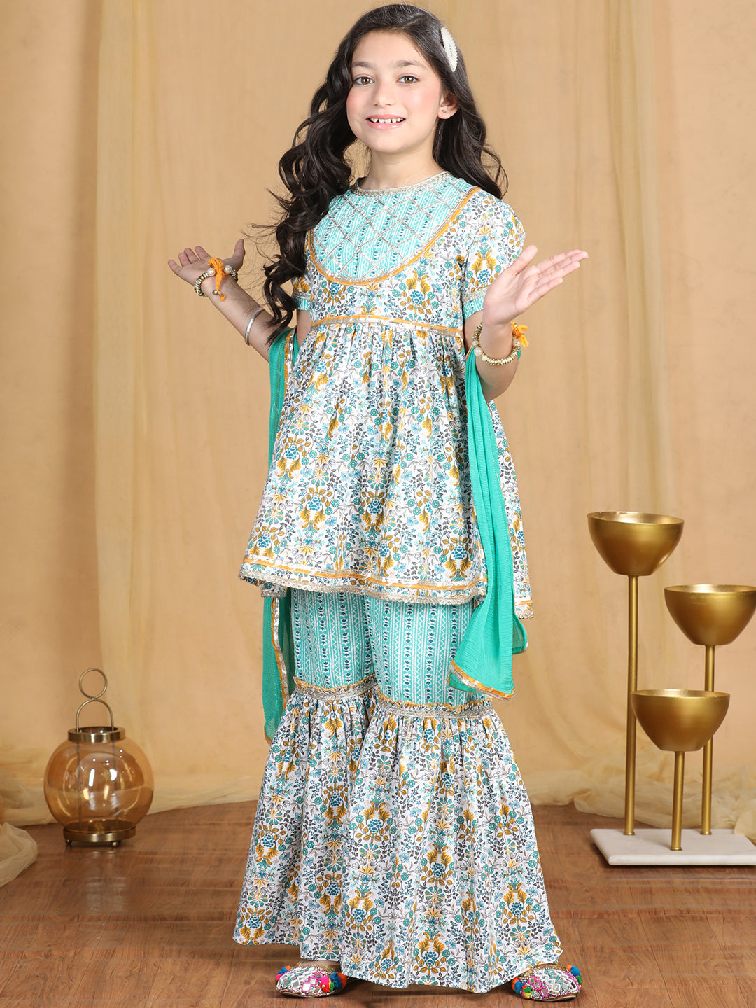 Cutiekins Girls Floral Print Sleeveless Kurta and Sharara with Dupatta -Off White & Green