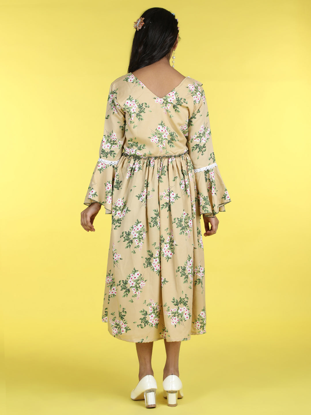 Cutiekins V-Neck Printed Flared Dress-Baige & Green