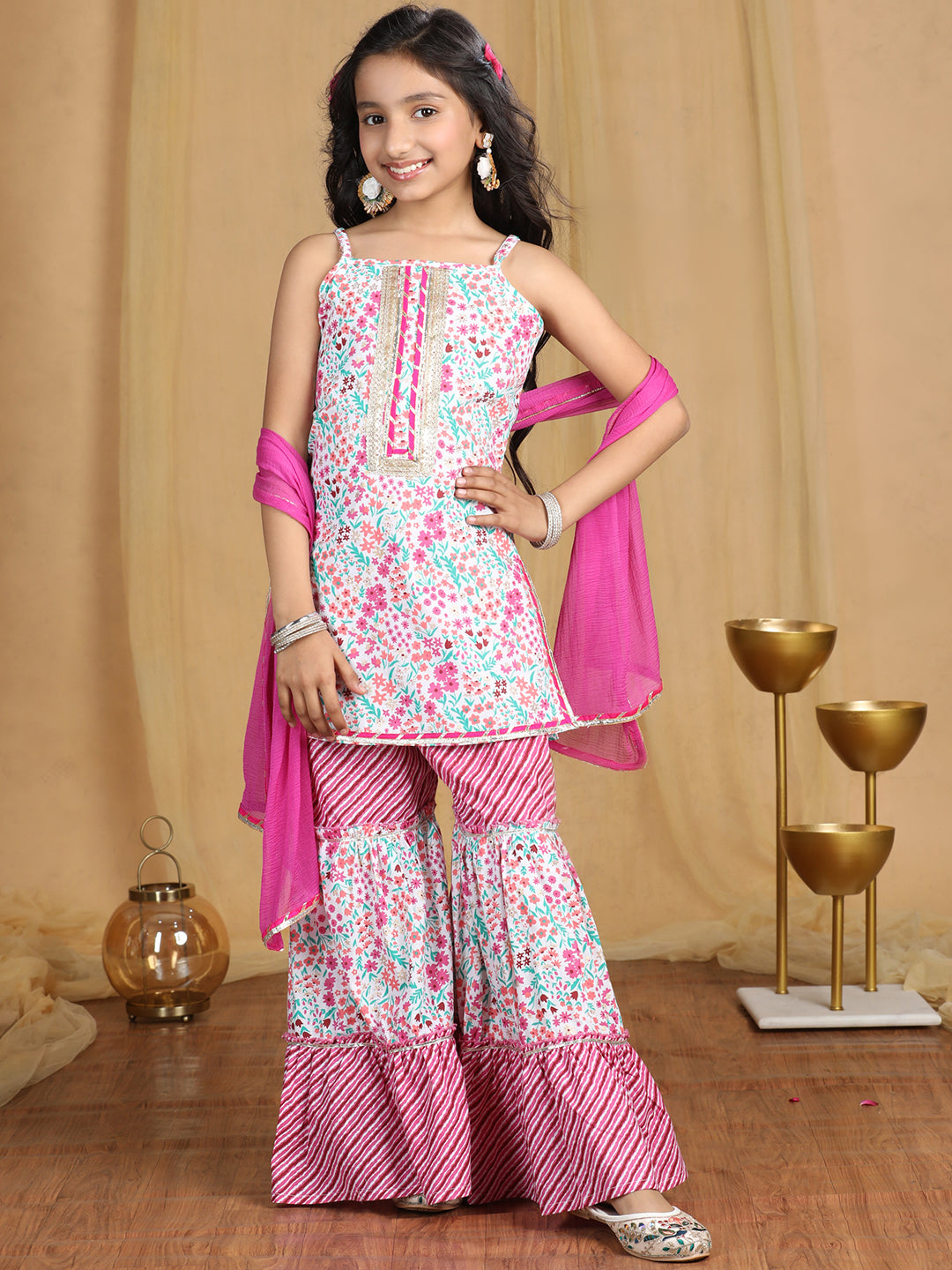 Cutiekins Girls floral Print Empire Kurta and Sharara with Dupatta -Off White & Coral Pink