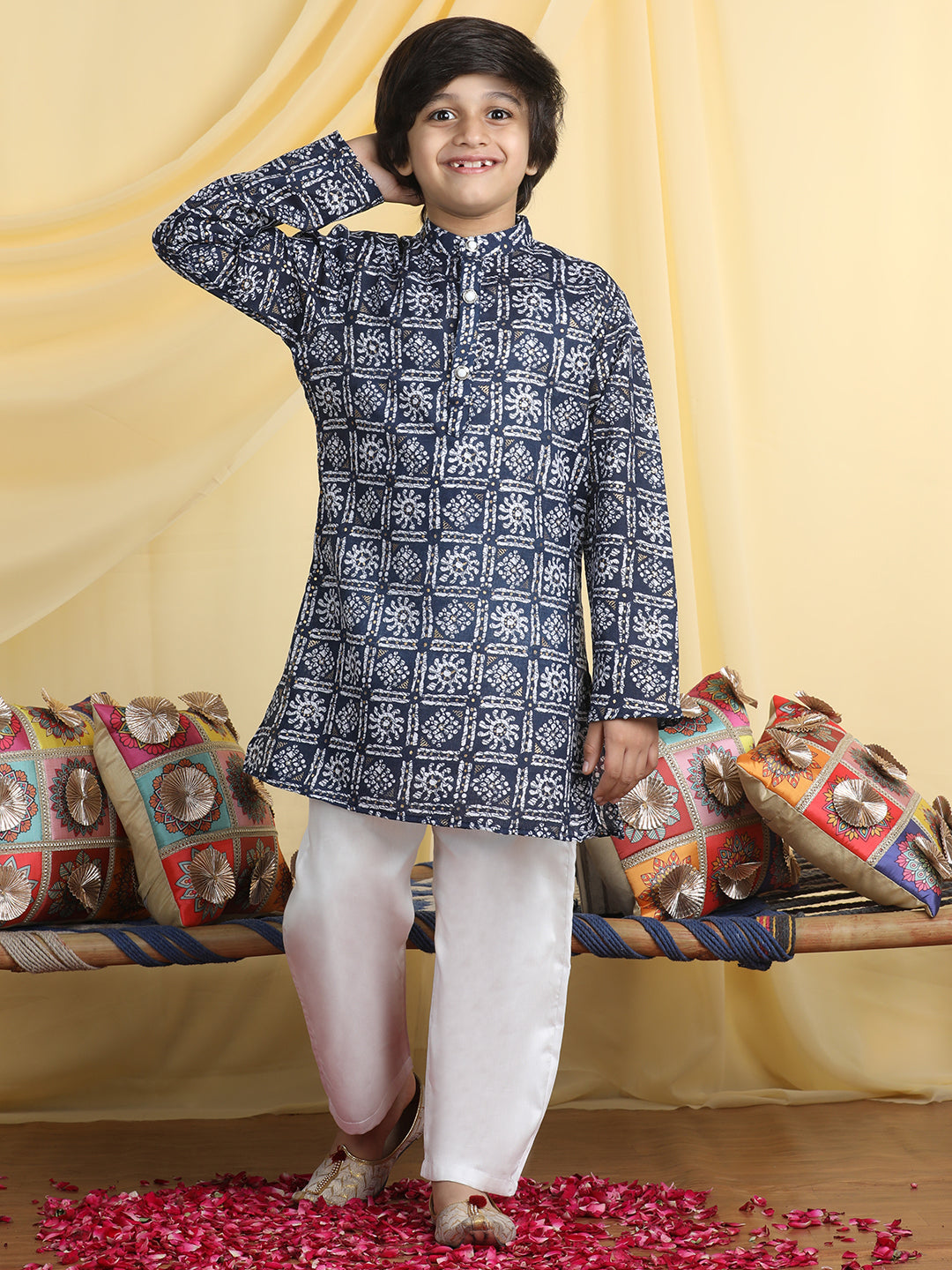 Cutiekins Boys Tribal Print Mandarin Collar Kurta with Pajama -Navy Blue & White