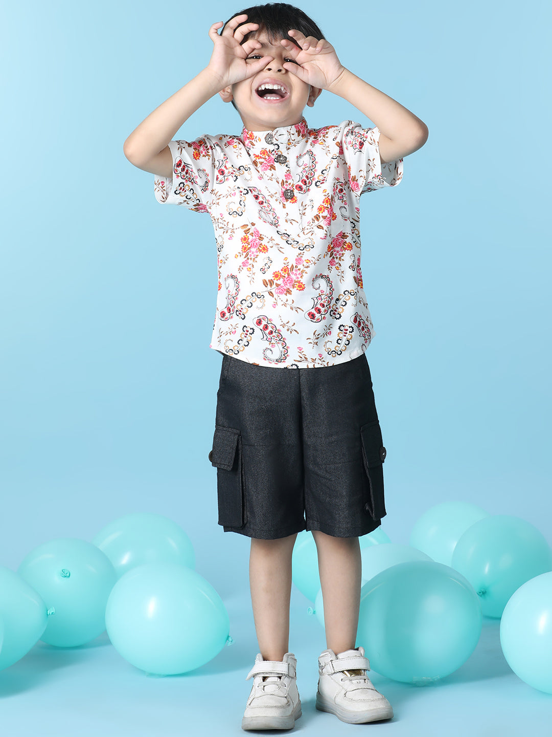 Cutiekins Boys Floral Print T-Shirt With Solid Denim Cargo Short -White & Black