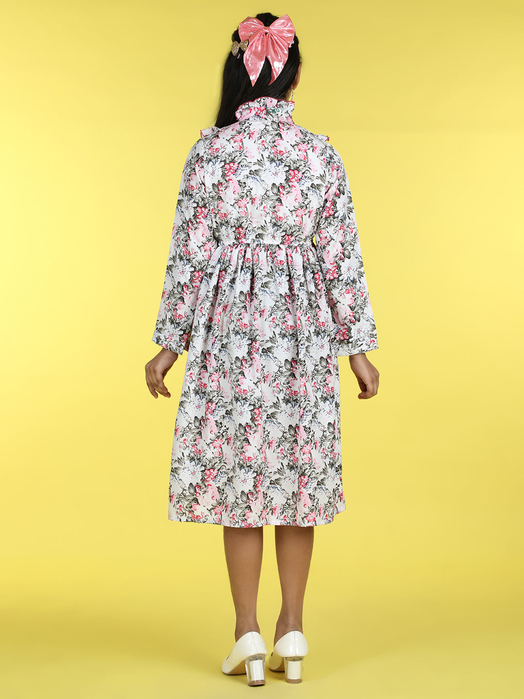 Cutiekins Mandarin Collar Printed Flared Dress-White & Pink