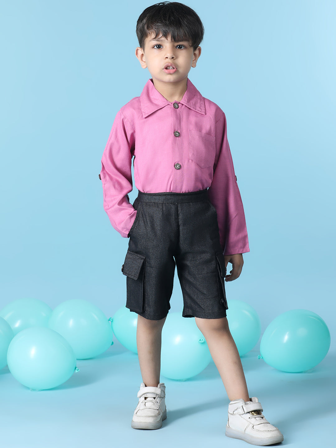 Cutiekins Boys Solid Shirt With Solid Denim Cargo Short -Neon Pink & Black