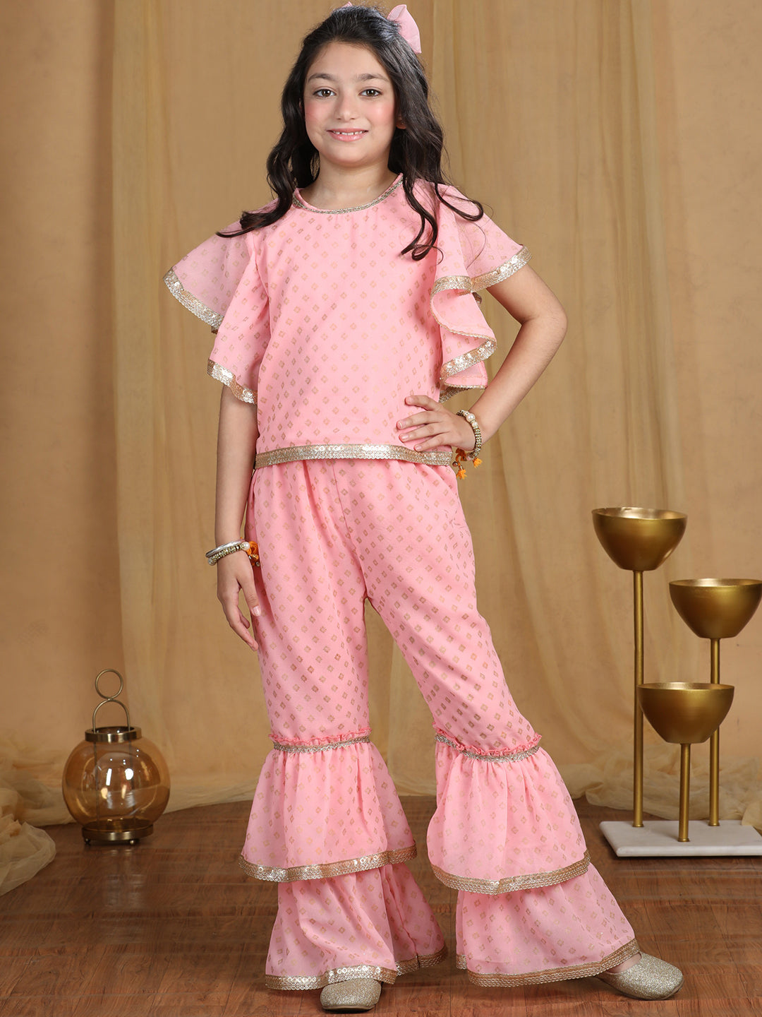 Cutiekins Girls Embroidered and Self Design A-line Kurta and Sharara -Pink & Gold