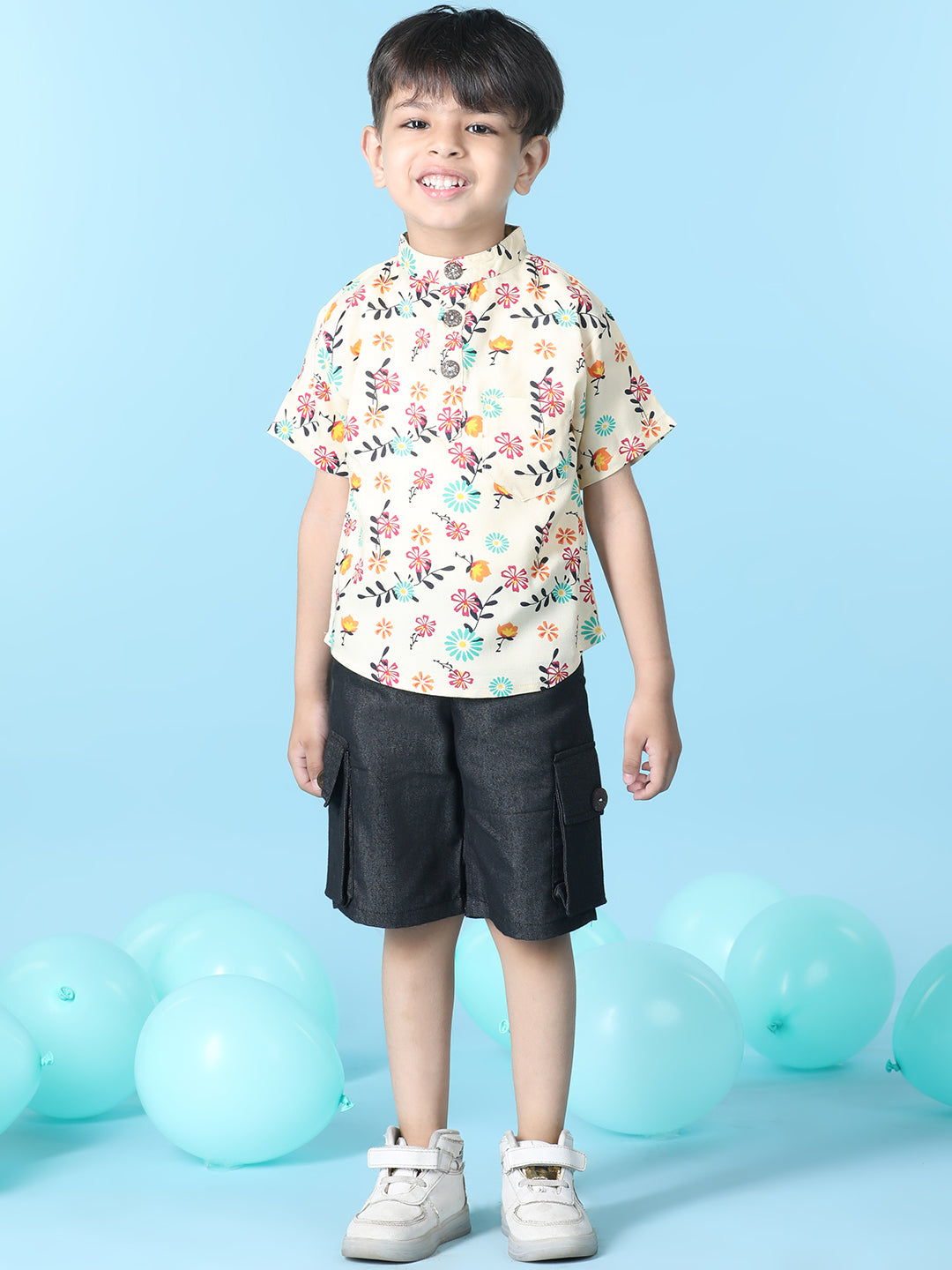 Cutiekins Boys Floral Print T-Shirt With Solid Denim Cargo Short -White & Black