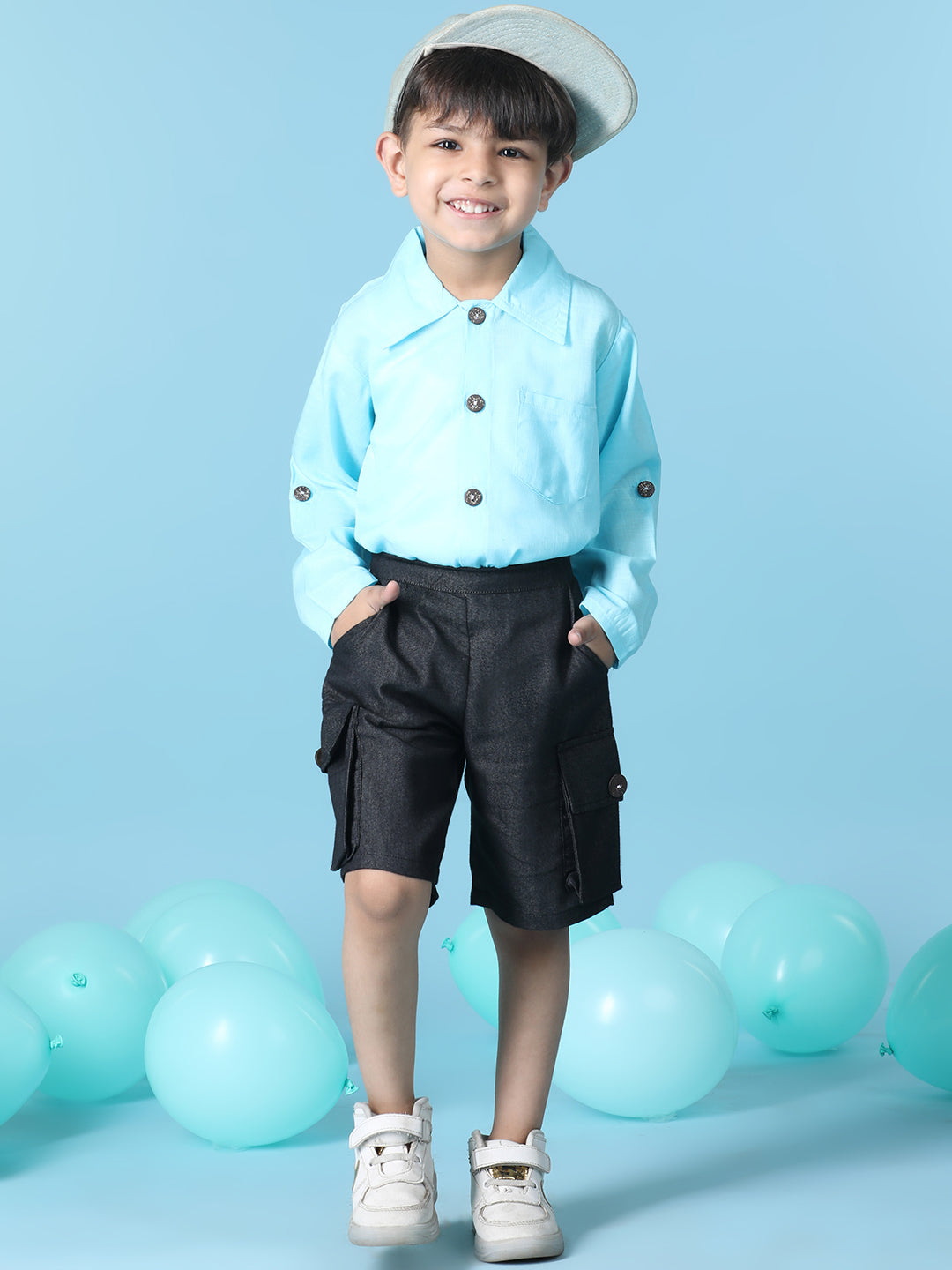 Cutiekins Boys Solid Shirt With Solid Denim Cargo Short -Sky Blue & Black