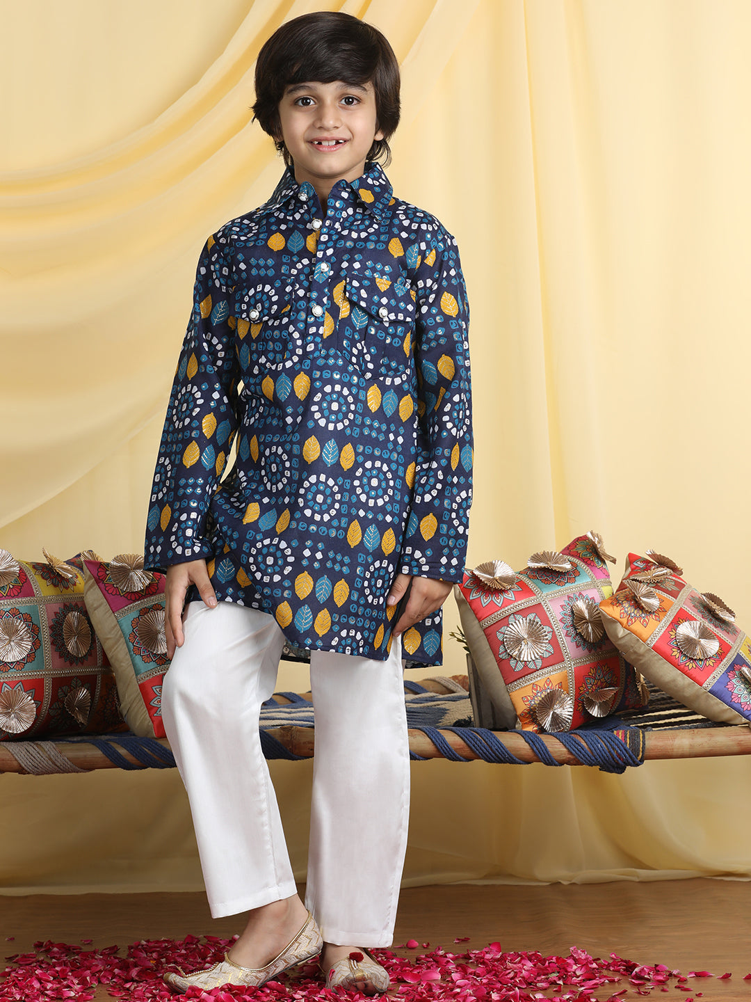 Cutiekins Boys Tropical Print Shirt Collar Kurta with Pajama -Dark Blue & White