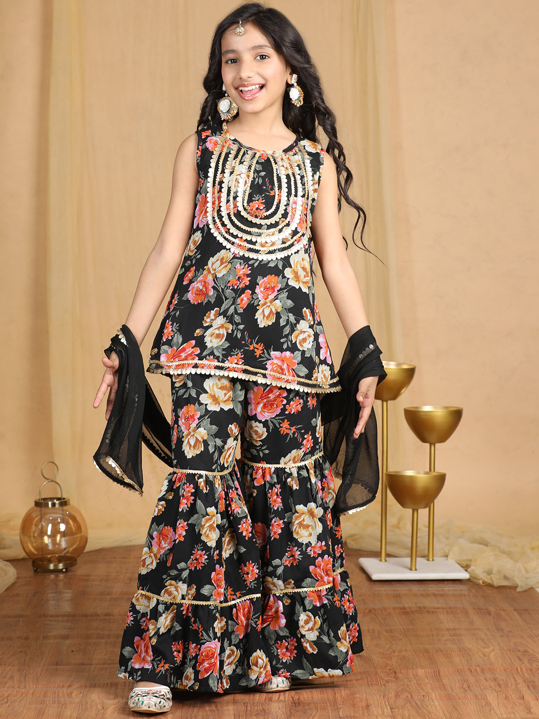 Cutiekins Girls Floral Print Sequined Kurta and Sharara with Dupatta -Black & Gold