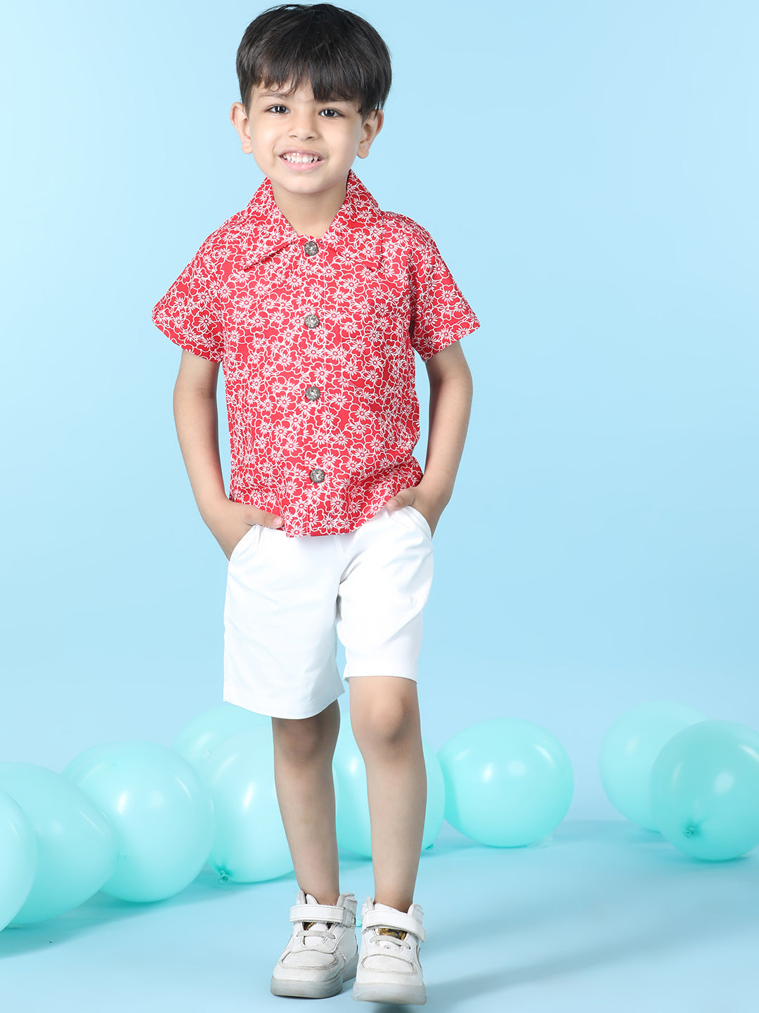 Cutiekins Boys Floral Print Shirt With Solid Lycra Short -Red & White