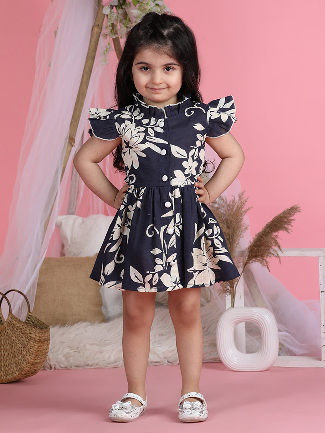 Cutiekins Mandarin Collar Printed Flared Dress-Navy Blue & Off White