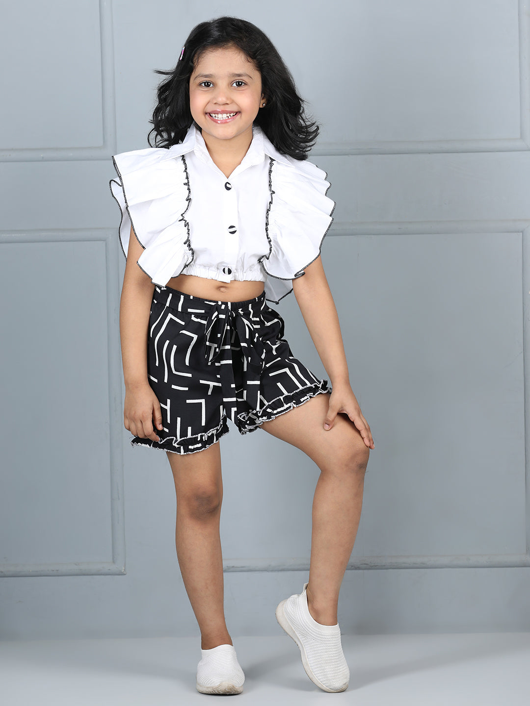 Cutiekins Girls Shirt Style Solid Embellished Top With Printed Shorts -Off White & Black